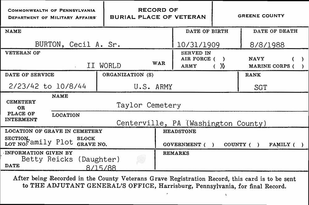 veteran burial card